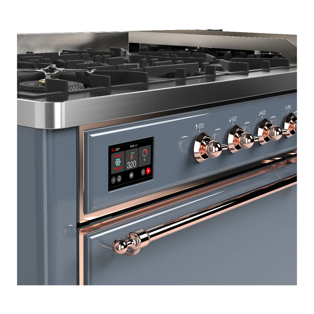ILVE Majestic III 60-inch Dual Fuel Range with 7 Natural Gas Burner, Griddle and Solid Door Electric Oven in Blue Grey with Copper Trim (UM60FQNR3BGP)