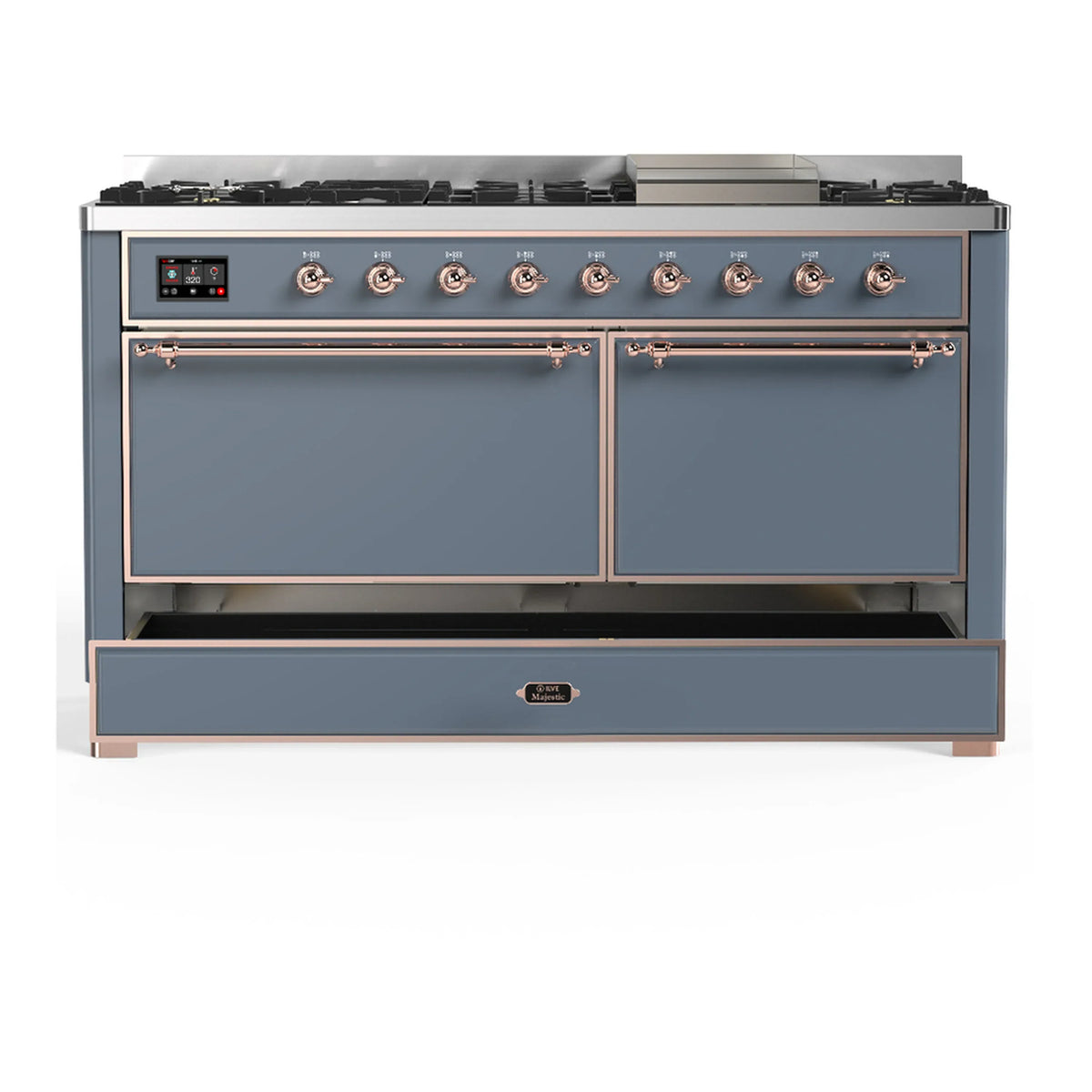 ILVE Majestic III 60-inch Dual Fuel Range with 7 Natural Gas Burner, Griddle and Solid Door Electric Oven in Blue Grey with Copper Trim (UM60FQNR3BGP)