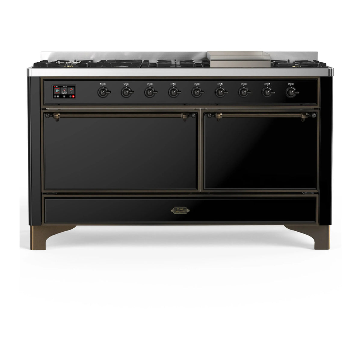 ILVE Majestic III 60-Inch LP Dual Fuel Range, 5 Burners, Griddle, Solid Door Oven, Glossy Black with Burnished Trim (UM60FQNR3BKBLP)