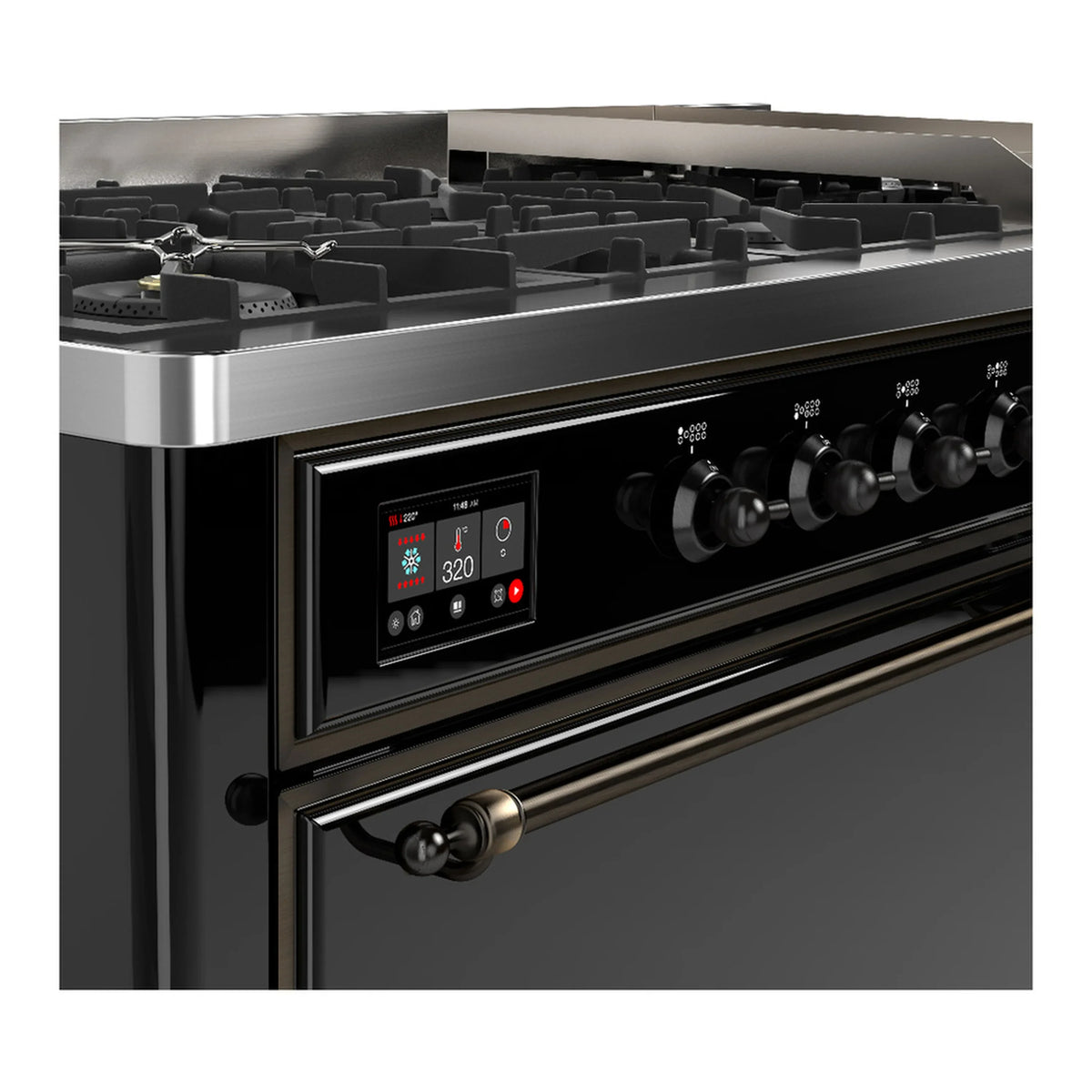 ILVE Majestic III 60-inch Dual Fuel Range with 7 Natural Gas Burner, Griddle and Solid Door Electric Oven in Glossy Black with Burnished Trim (UM60FQNR3BKB)