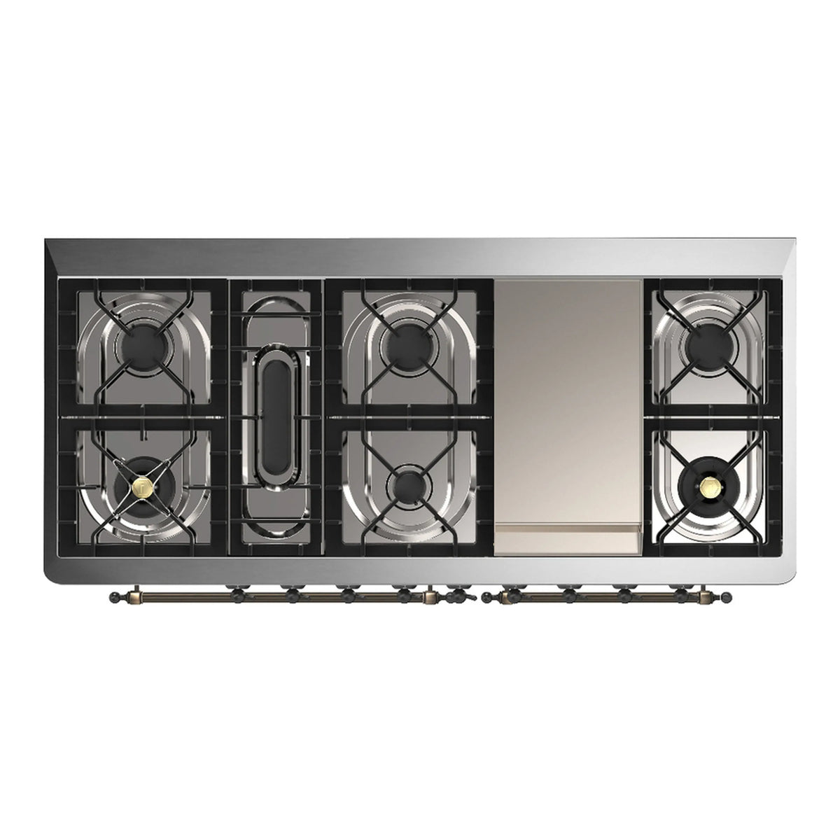ILVE Majestic III 60-inch Dual Fuel Range with 7 Natural Gas Burner, Griddle and Solid Door Electric Oven in Glossy Black with Burnished Trim (UM60FQNR3BKB)