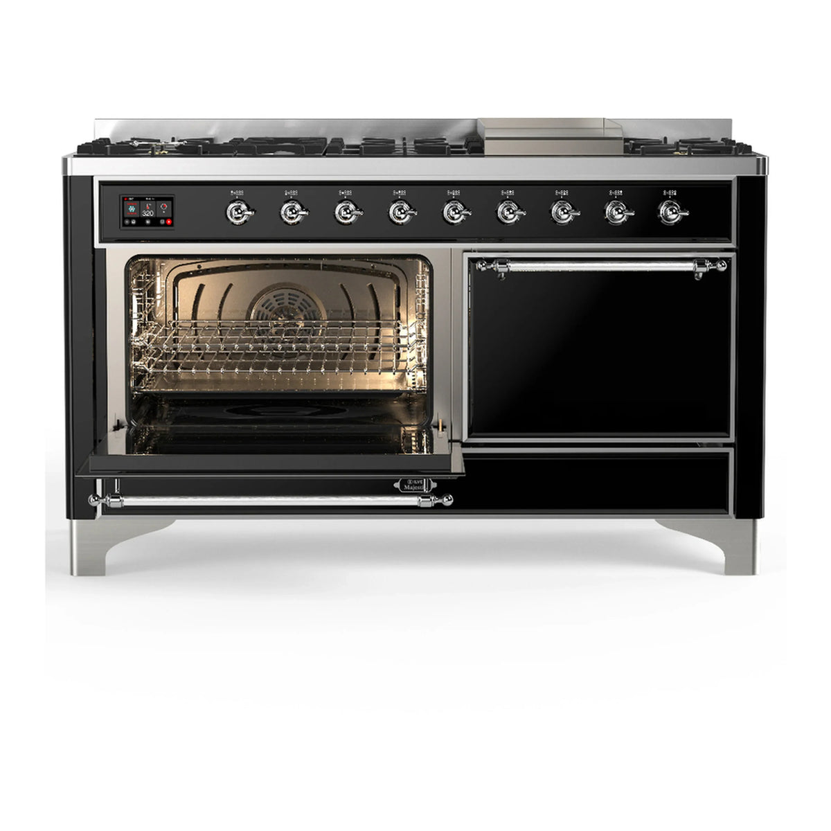 ILVE Majestic III 60-inch Dual Fuel Range with 7 Natural Gas Burner, Griddle and Solid Door Electric Oven in Glossy Black with Chrome Trim (UM60FQNR3BKC)