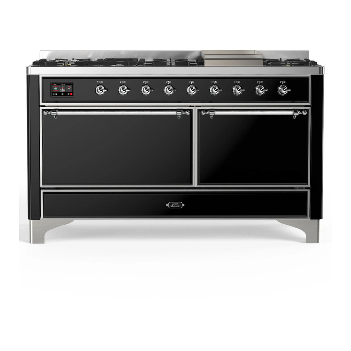 ILVE Majestic III 60-inch Dual Fuel Range with 7 Natural Gas Burner, Griddle and Solid Door Electric Oven in Glossy Black with Chrome Trim (UM60FQNR3BKC)