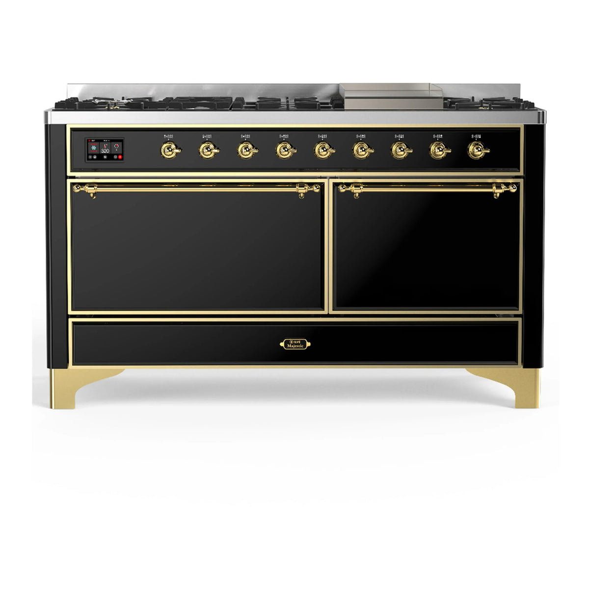ILVE Majestic III 60-inch Dual Fuel Range with 7 Natural Gas Burner, Griddle and Solid Door Electric Oven in Glossy Black with Brass Trim (UM60FQNR3BKG)