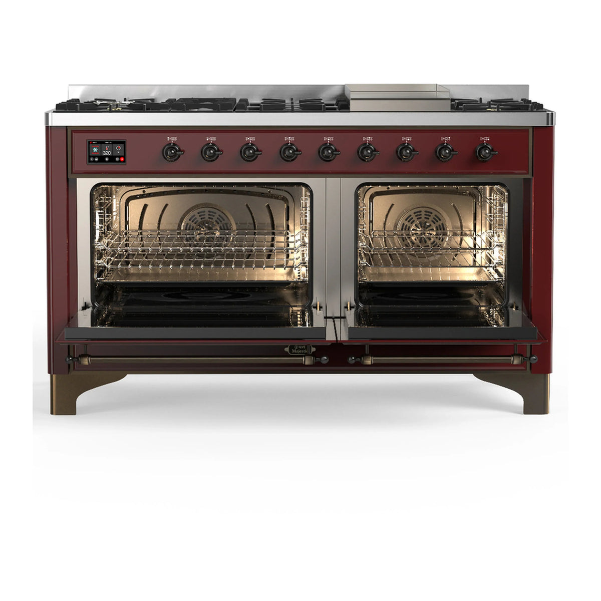 ILVE Majestic III 60-inch Dual Fuel Range with 5 Liquid Propane Burner, Griddle and Solid Door Electric Oven in Burgundy with Burnished Trim (UM60FQNR3BUBLP)