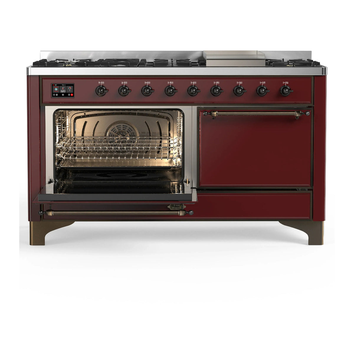 ILVE Majestic III 60-inch Dual Fuel Range with 5 Liquid Propane Burner, Griddle and Solid Door Electric Oven in Burgundy with Burnished Trim (UM60FQNR3BUBLP)