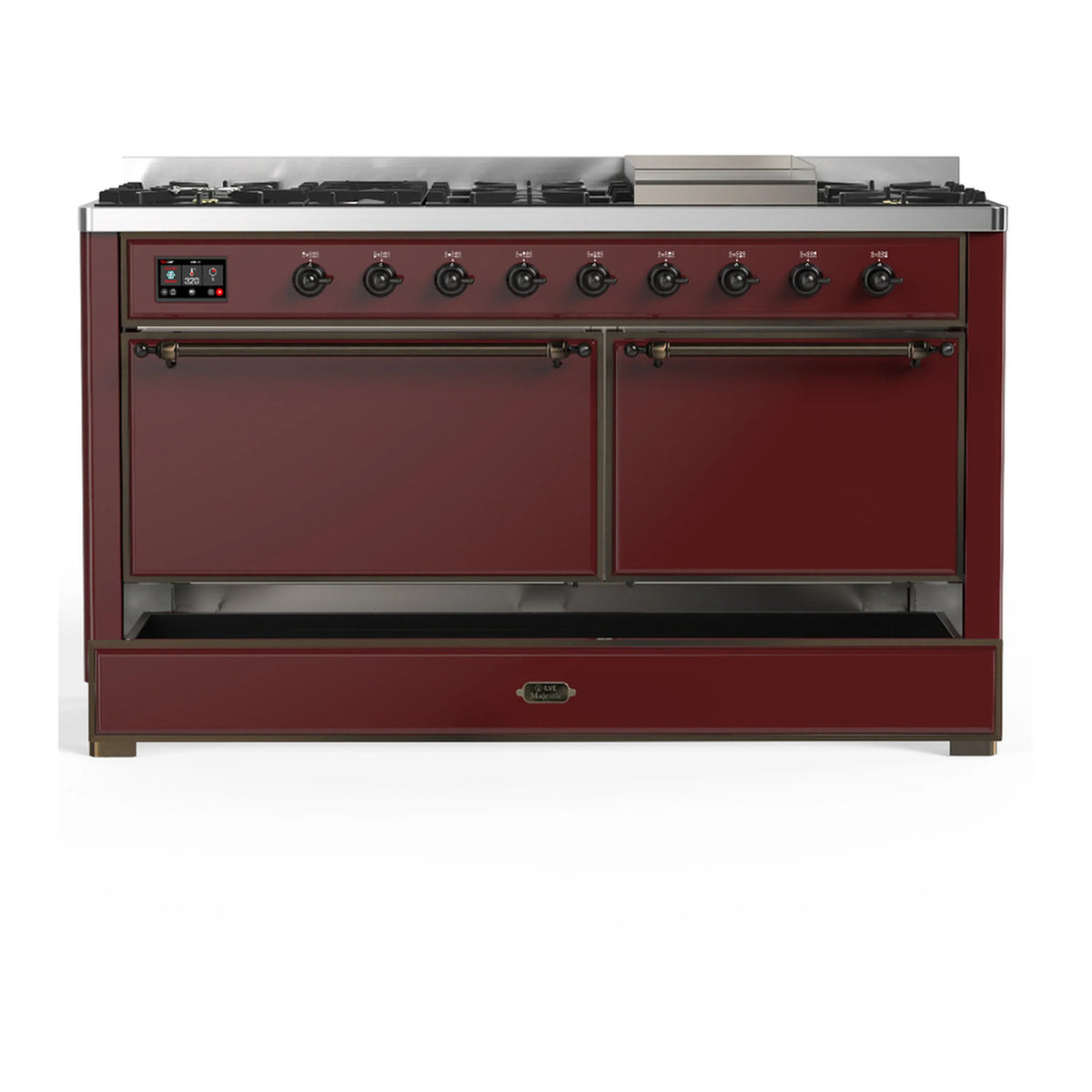 ILVE Majestic III 60-inch Dual Fuel Range with 5 Liquid Propane Burner, Griddle and Solid Door Electric Oven in Burgundy with Burnished Trim (UM60FQNR3BUBLP)