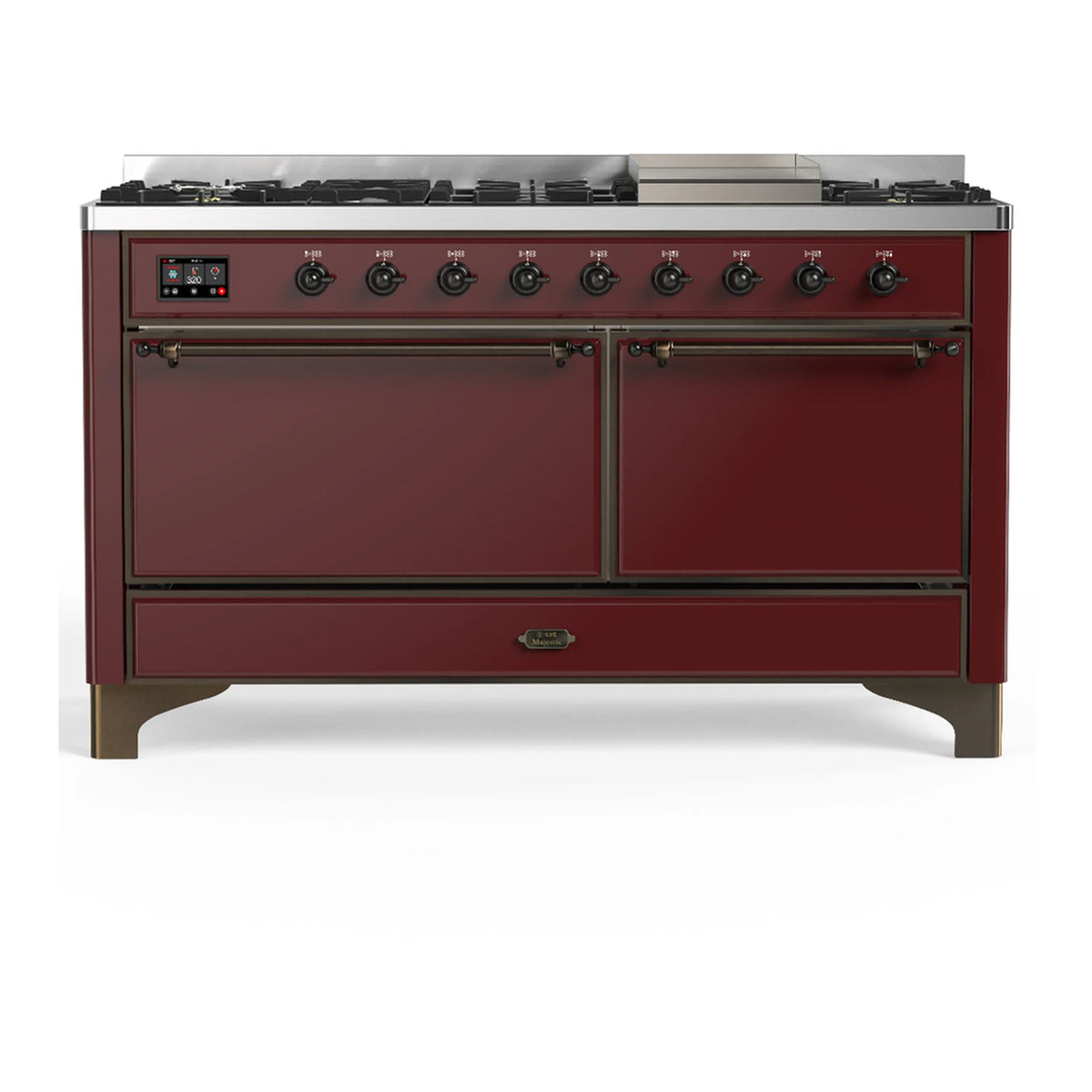 ILVE Majestic III 60-inch Dual Fuel Range with 5 Liquid Propane Burner, Griddle and Solid Door Electric Oven in Burgundy with Burnished Trim (UM60FQNR3BUBLP)
