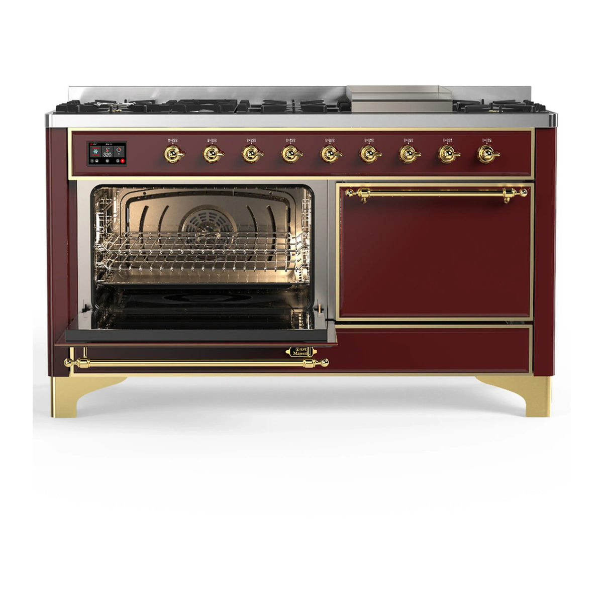 ILVE Majestic III 60-inch Dual Fuel Range with 5 Liquid Propane Burner, Griddle and Solid Door Electric Oven in Burgundy with Brass Trim (UM60FQNR3BUGLP)