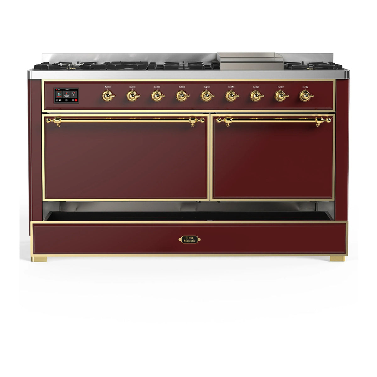 ILVE Majestic III 60-inch Dual Fuel Range with 5 Liquid Propane Burner, Griddle and Solid Door Electric Oven in Burgundy with Brass Trim (UM60FQNR3BUGLP)