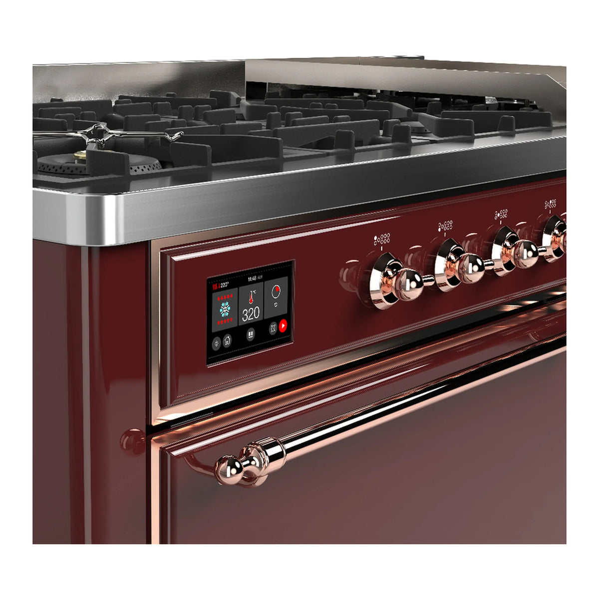 ILVE Majestic III 60-inch Dual Fuel Range with 7 Natural Gas Burner, Griddle and Solid Door Electric Oven in Burgundy with Copper Trim (UM60FQNR3BUP)