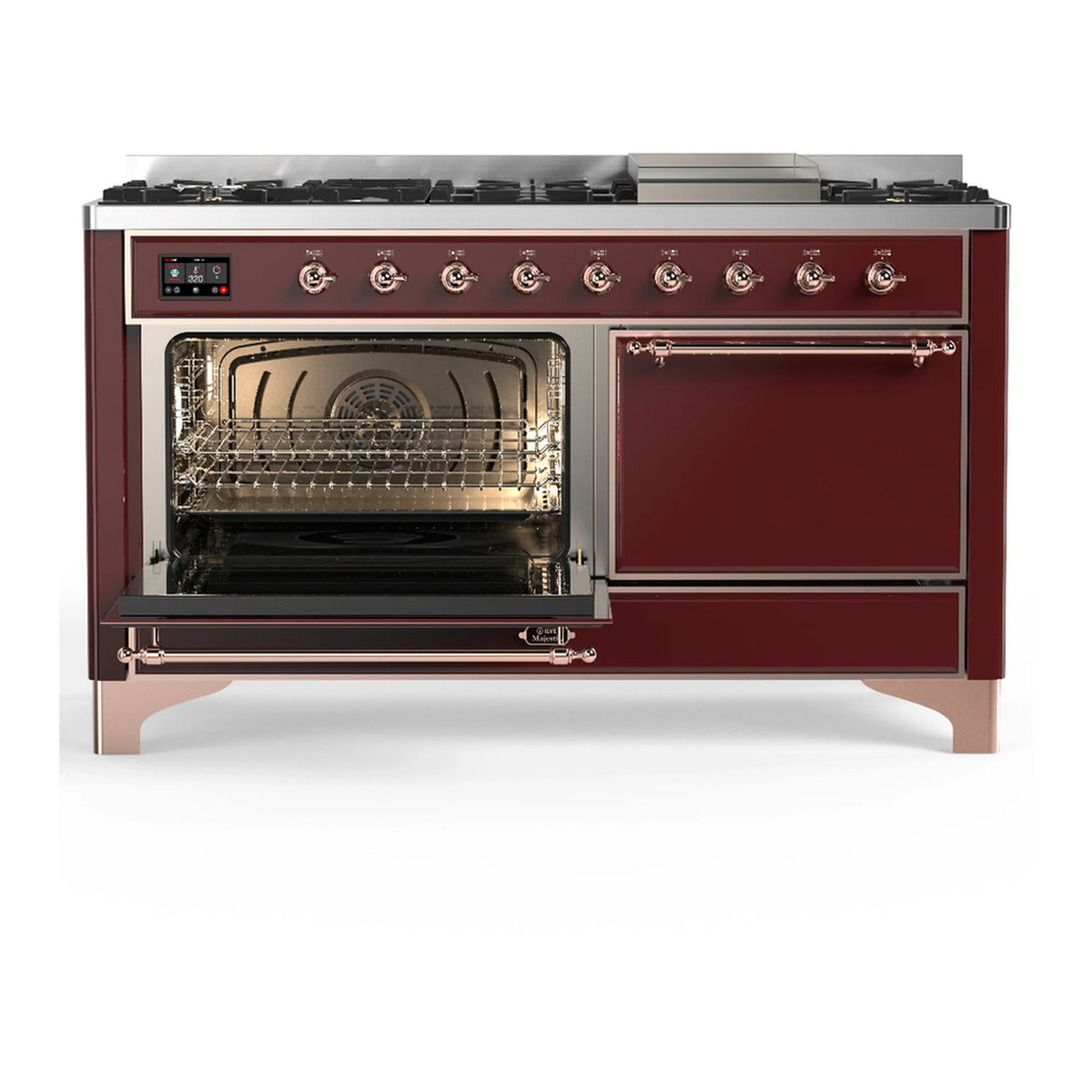 ILVE Majestic III 60-inch Dual Fuel Range with 7 Natural Gas Burner, Griddle and Solid Door Electric Oven in Burgundy with Copper Trim (UM60FQNR3BUP)