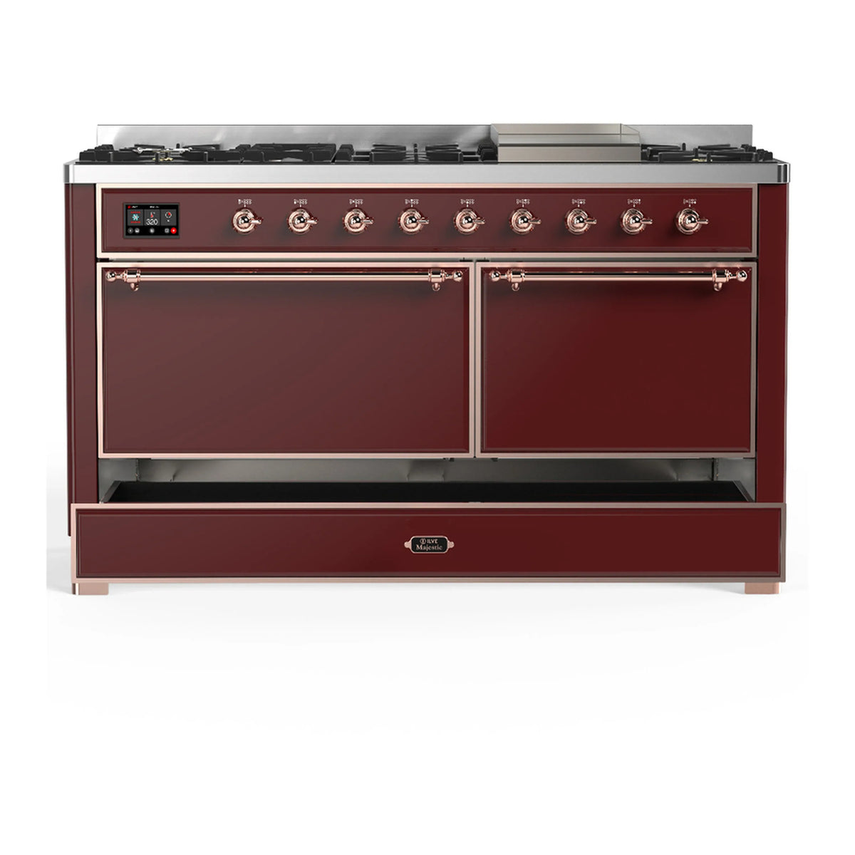 ILVE Majestic III 60-inch Dual Fuel Range with 7 Natural Gas Burner, Griddle and Solid Door Electric Oven in Burgundy with Copper Trim (UM60FQNR3BUP)
