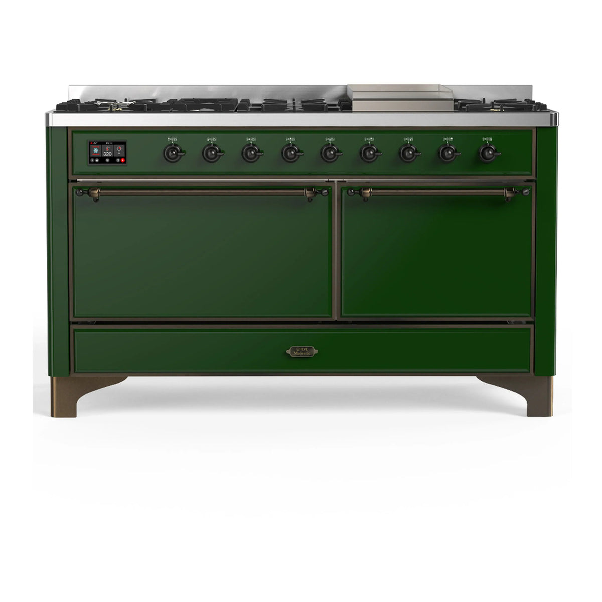 ILVE Majestic III 60-Inch LP Dual Fuel Range, 5 Burners, Griddle, Solid Door Oven, Emerald Green with Burnished Trim (UM60FQNR3EGBLP)