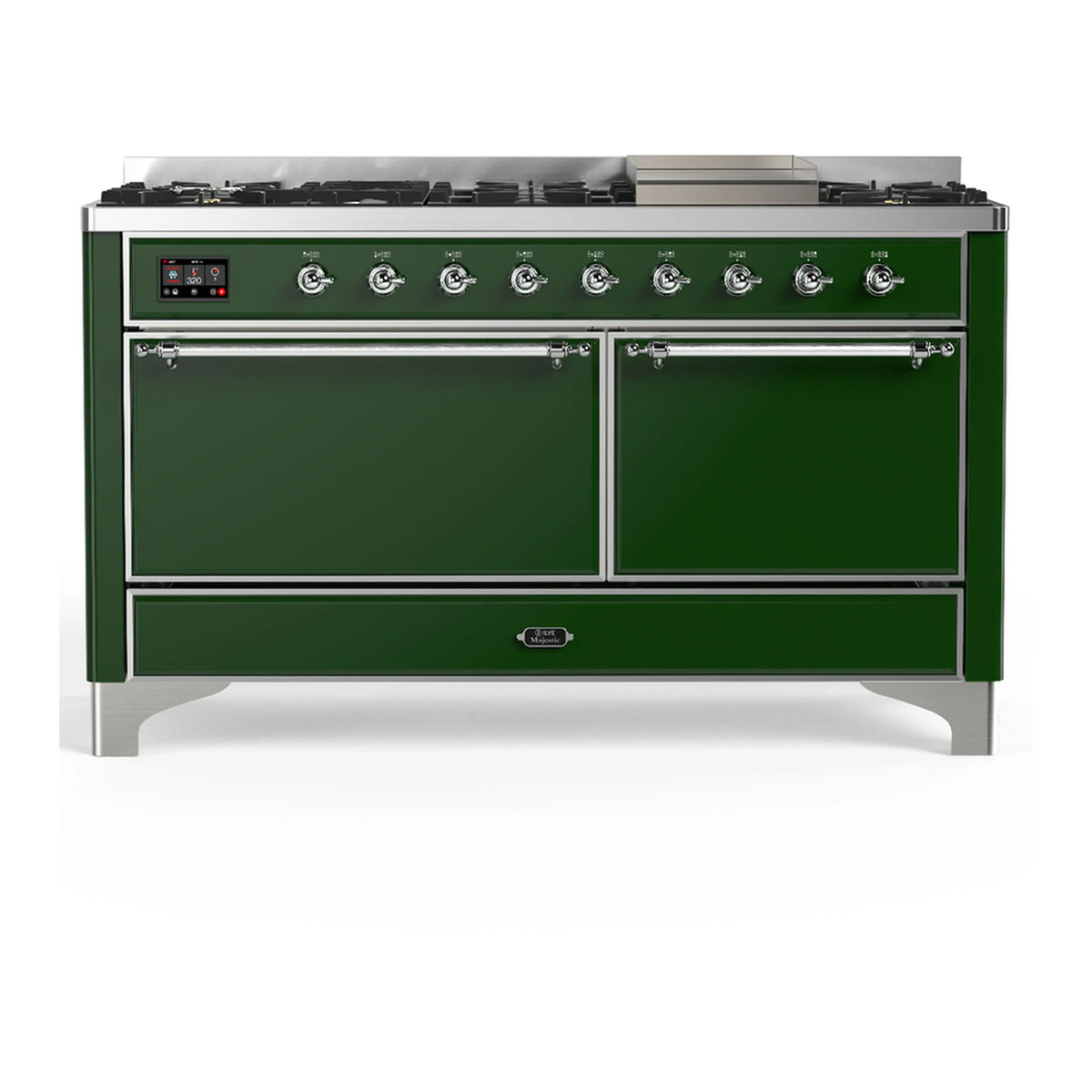 ILVE Majestic III 60-Inch LP Dual Fuel Range, 5 Burners, Griddle, Solid Door Oven, Emerald Green with Chrome Trim (UM60FQNR3EGCLP)