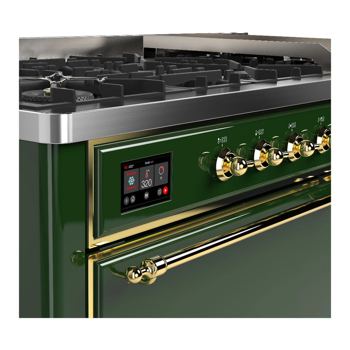 ILVE Majestic III 60-inch Dual Fuel Range with 5 Liquid Propane Burner, Griddle and Solid Door Electric Oven in Emerald Green with Brass Trim (UM60FQNR3EGGLP)
