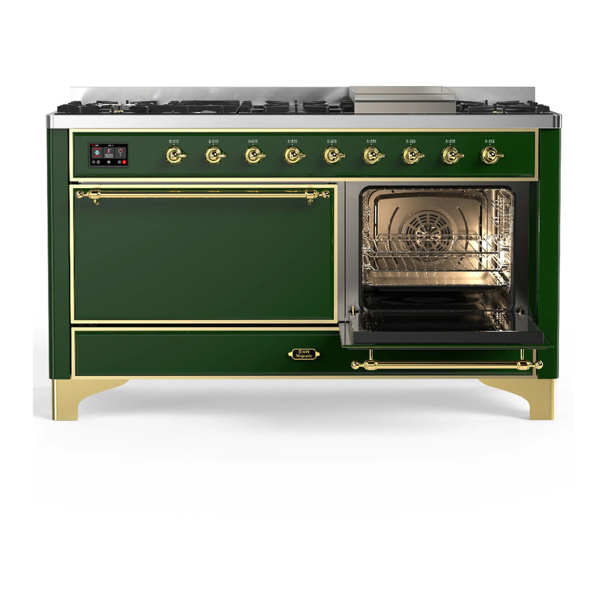 ILVE Majestic III 60-inch Dual Fuel Range with 5 Liquid Propane Burner, Griddle and Solid Door Electric Oven in Emerald Green with Brass Trim (UM60FQNR3EGGLP)