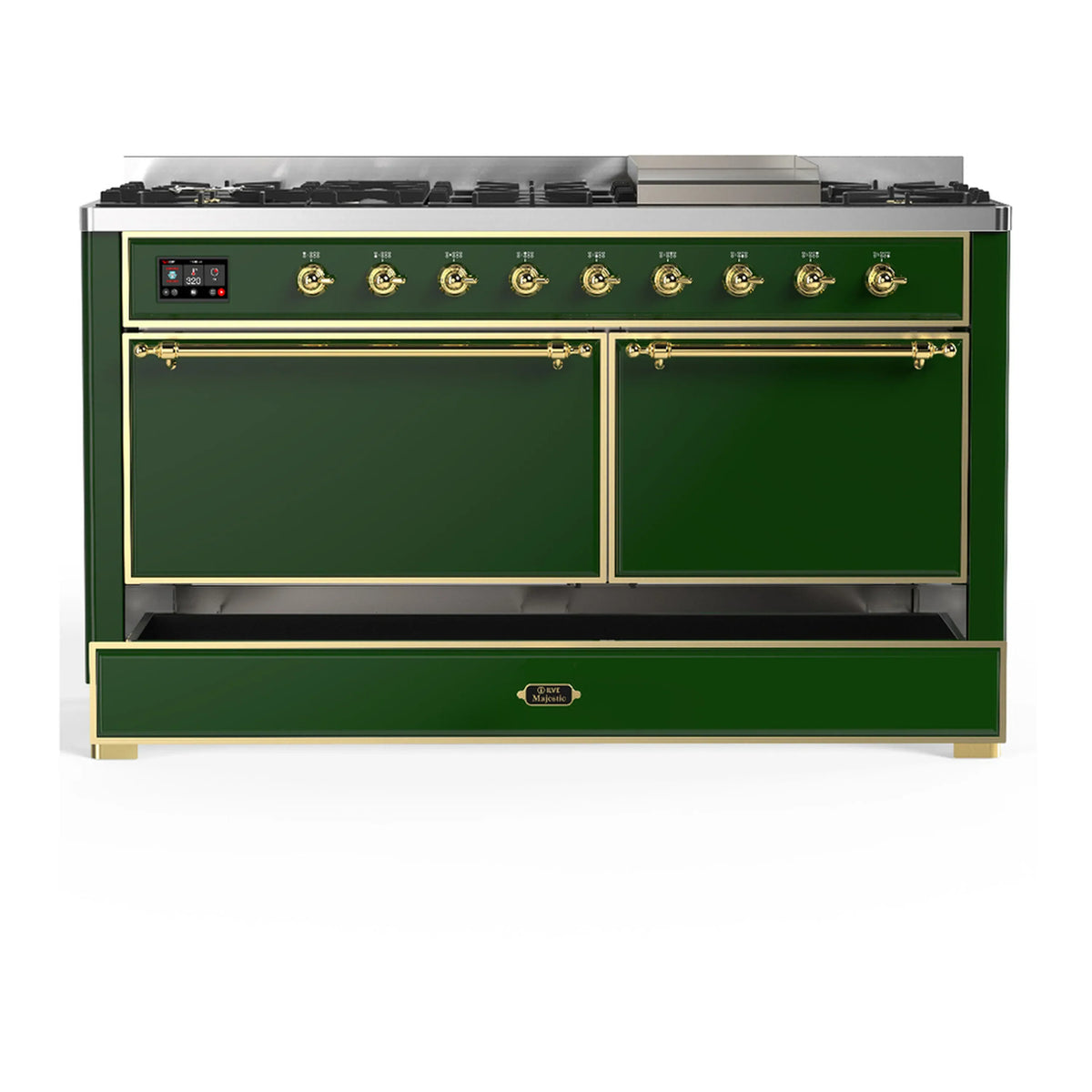 ILVE Majestic III 60-inch Dual Fuel Range with 5 Liquid Propane Burner, Griddle and Solid Door Electric Oven in Emerald Green with Brass Trim (UM60FQNR3EGGLP)