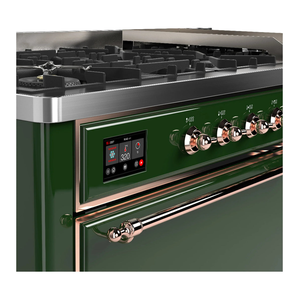 ILVE Majestic III 60-inch Dual Fuel Range with 7 Natural Gas Burner, Griddle and Solid Door Electric Oven in Emerald Green with Copper Trim (UM60FQNR3EGP)