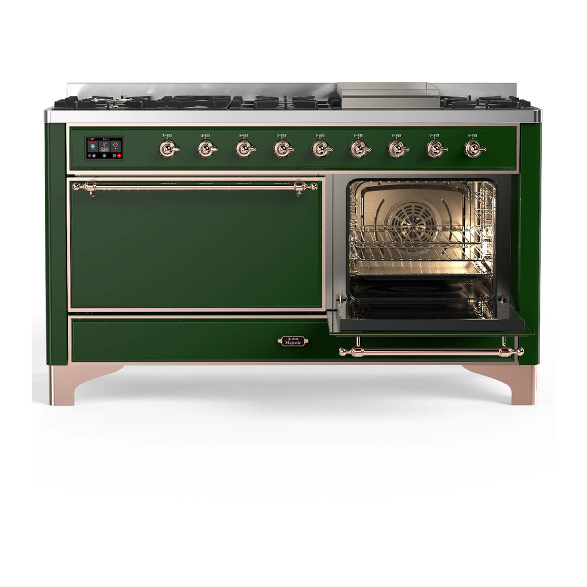 ILVE Majestic III 60-inch Dual Fuel Range with 7 Natural Gas Burner, Griddle and Solid Door Electric Oven in Emerald Green with Copper Trim (UM60FQNR3EGP)