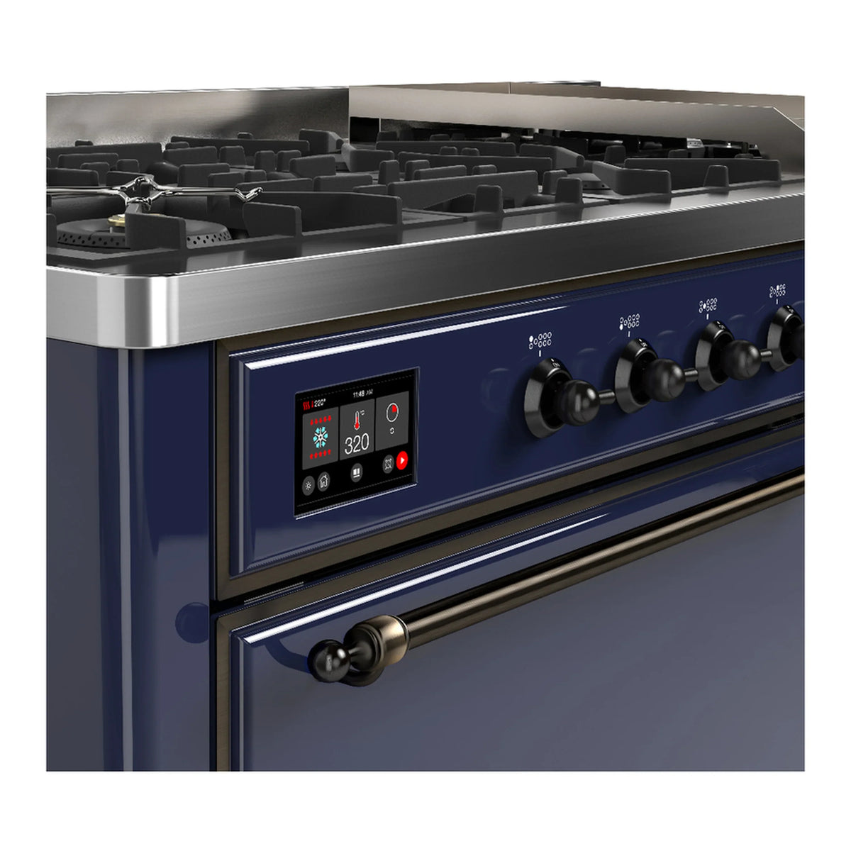 ILVE Majestic III 60-inch Dual Fuel Range with 7 Natural Gas Burner, Griddle and Solid Door Electric Oven in Midnight Blue with Burnished Trim (UM60FQNR3MBB)