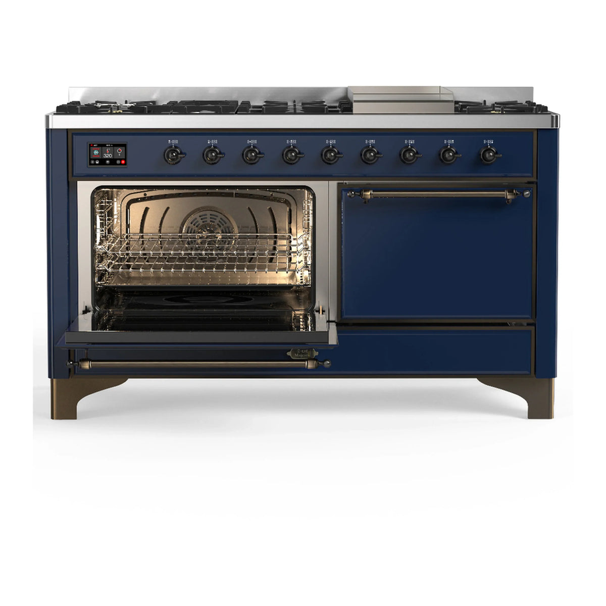 ILVE Majestic III 60-inch Dual Fuel Range with 7 Natural Gas Burner, Griddle and Solid Door Electric Oven in Midnight Blue with Burnished Trim (UM60FQNR3MBB)