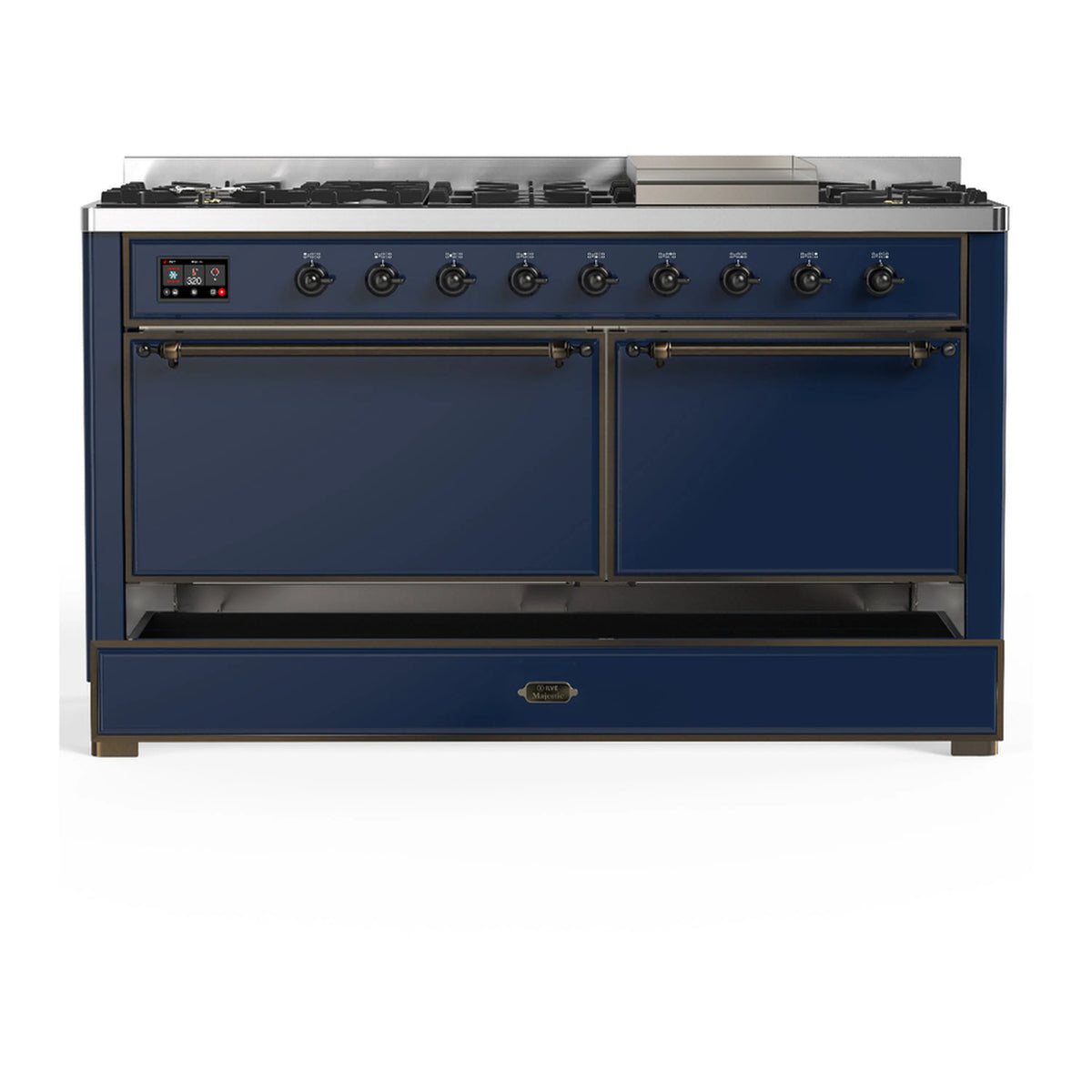 ILVE Majestic III 60-inch Dual Fuel Range with 7 Natural Gas Burner, Griddle and Solid Door Electric Oven in Midnight Blue with Burnished Trim (UM60FQNR3MBB)
