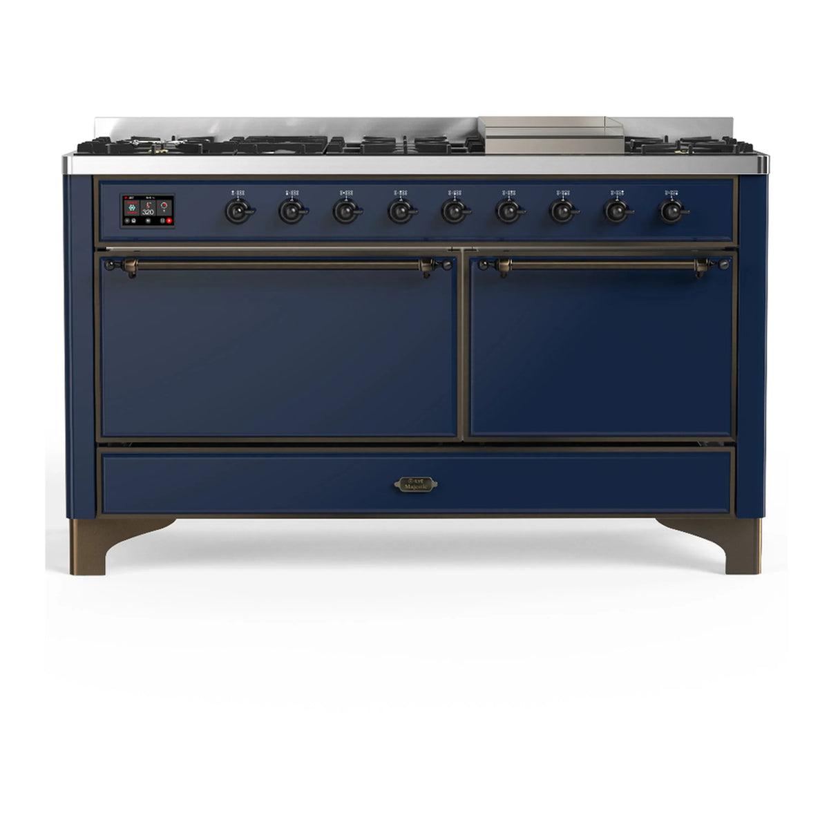 ILVE Majestic III 60-inch Dual Fuel Range with 7 Natural Gas Burner, Griddle and Solid Door Electric Oven in Midnight Blue with Burnished Trim (UM60FQNR3MBB)
