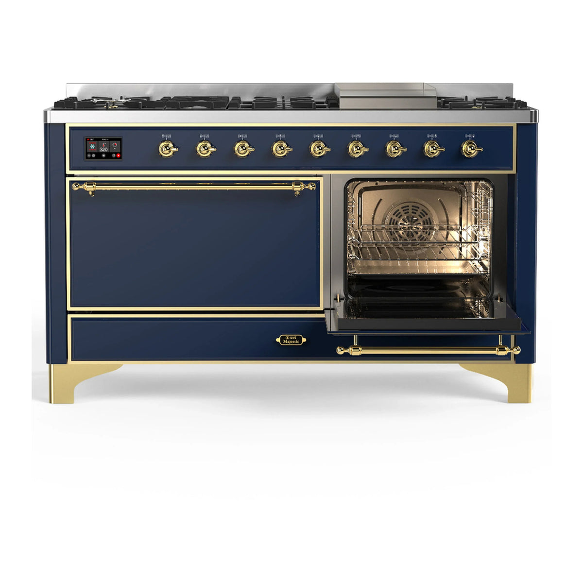 ILVE Majestic III 60-inch Dual Fuel Range with 7 Natural Gas Burner, Griddle and Solid Door Electric Oven in Midnight Blue with Brass Trim (UM60FQNR3MBG)