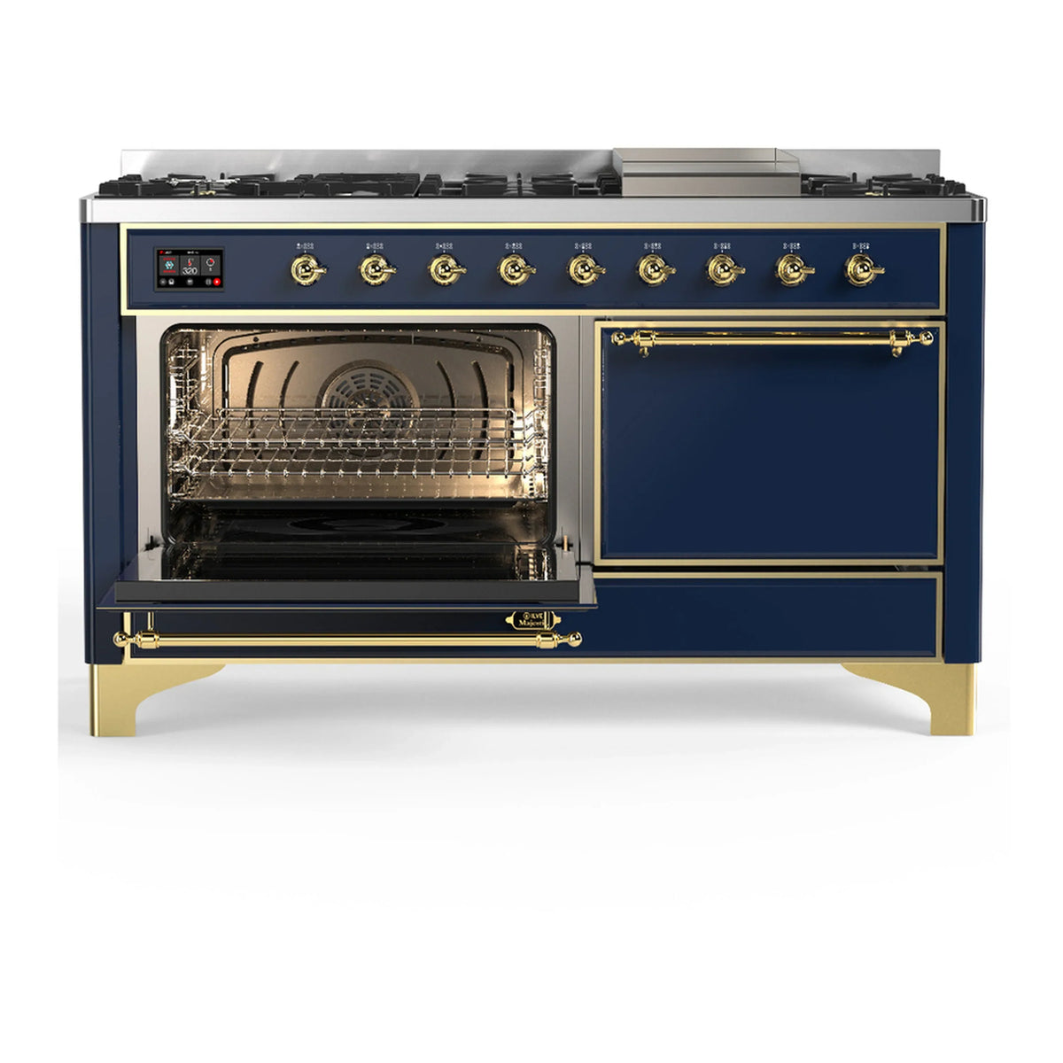 ILVE Majestic III 60-inch Dual Fuel Range with 7 Natural Gas Burner, Griddle and Solid Door Electric Oven in Midnight Blue with Brass Trim (UM60FQNR3MBG)