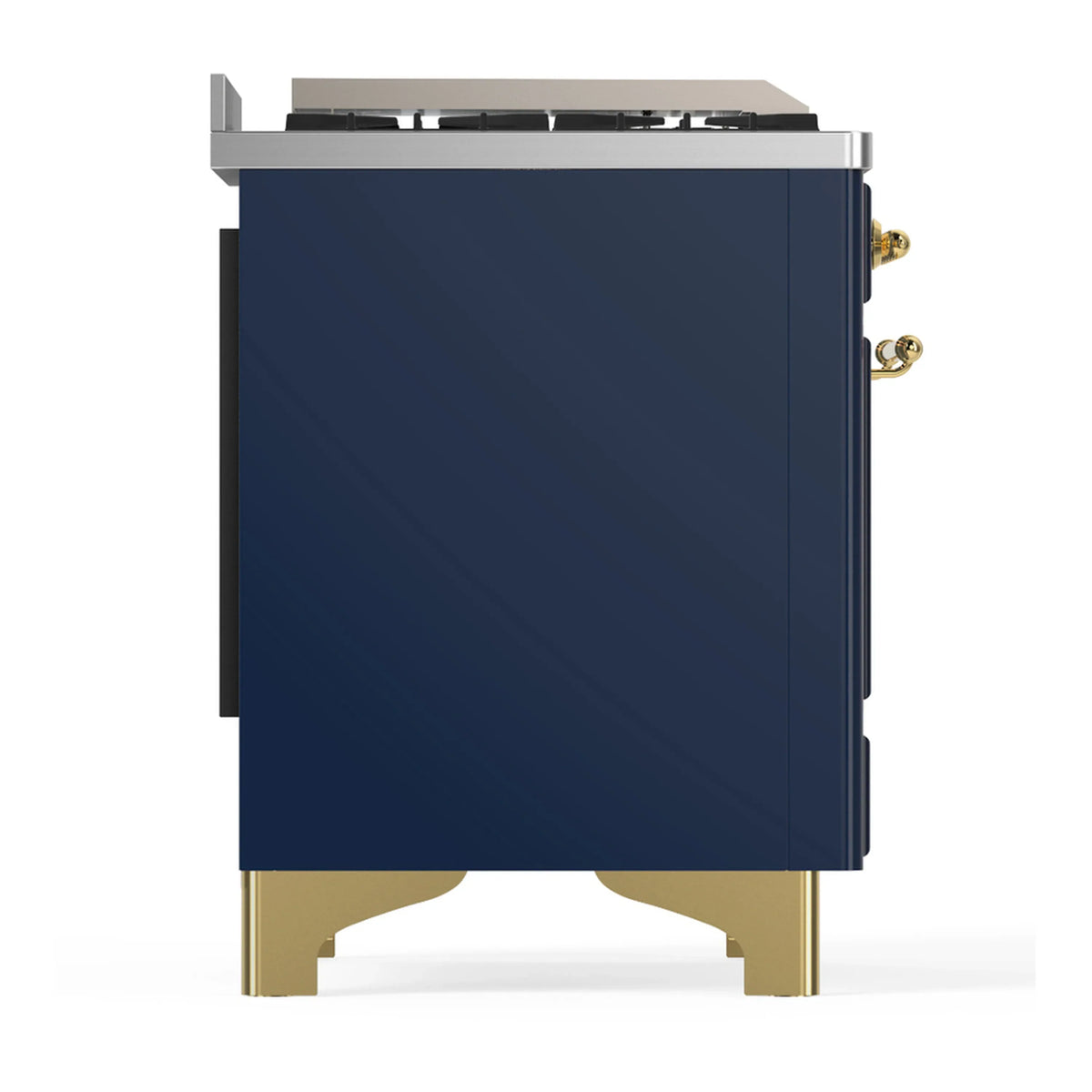 ILVE Majestic III 60-inch Dual Fuel Range with 7 Natural Gas Burner, Griddle and Solid Door Electric Oven in Midnight Blue with Brass Trim (UM60FQNR3MBG)
