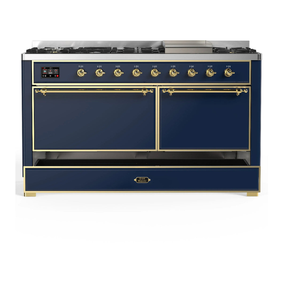 ILVE Majestic III 60-inch Dual Fuel Range with 7 Natural Gas Burner, Griddle and Solid Door Electric Oven in Midnight Blue with Brass Trim (UM60FQNR3MBG)