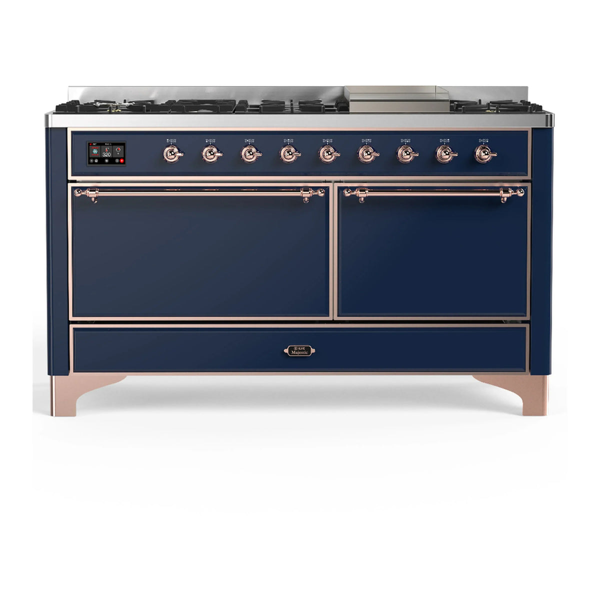 ILVE Majestic III 60-Inch LP Dual Fuel Range, 5 Burners, Griddle, Solid Door Oven, Midnight Blue with Copper Trim (UM60FQNR3MBPLP)
