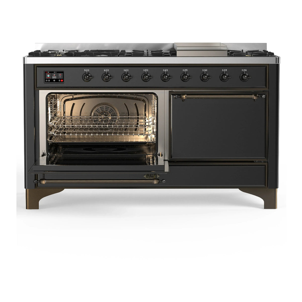 ILVE Majestic III 60-inch Dual Fuel Range with 5 Liquid Propane Burner, Griddle and Solid Door Electric Oven in Graphite Matte with Burnished Trim (UM60FQNR3MGBLP)