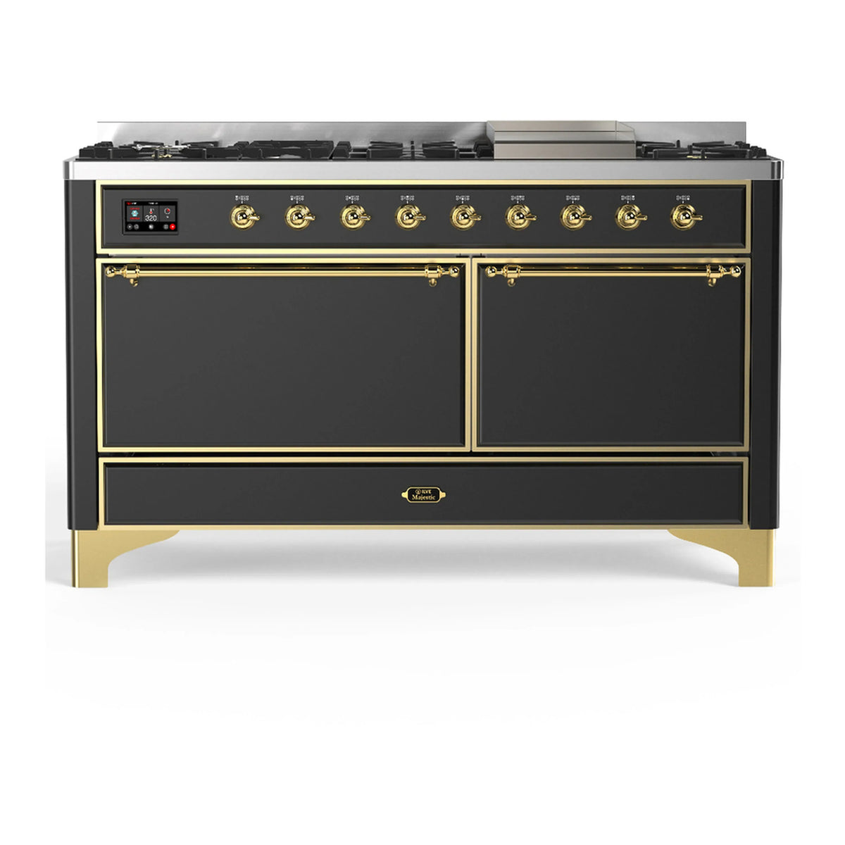 ILVE Majestic III 60-inch Dual Fuel Range with 5 Liquid Propane Burner, Griddle and Solid Door Electric Oven in Graphite Matte with Brass Trim (UM60FQNR3MGGLP)