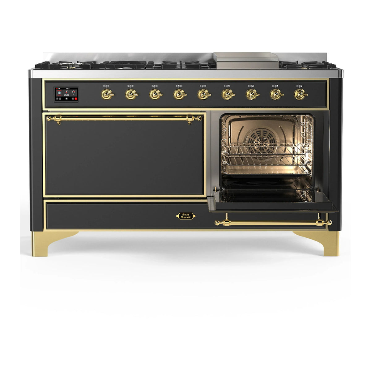 ILVE Majestic III 60-inch Dual Fuel Range with 5 Liquid Propane Burner, Griddle and Solid Door Electric Oven in Graphite Matte with Brass Trim (UM60FQNR3MGGLP)