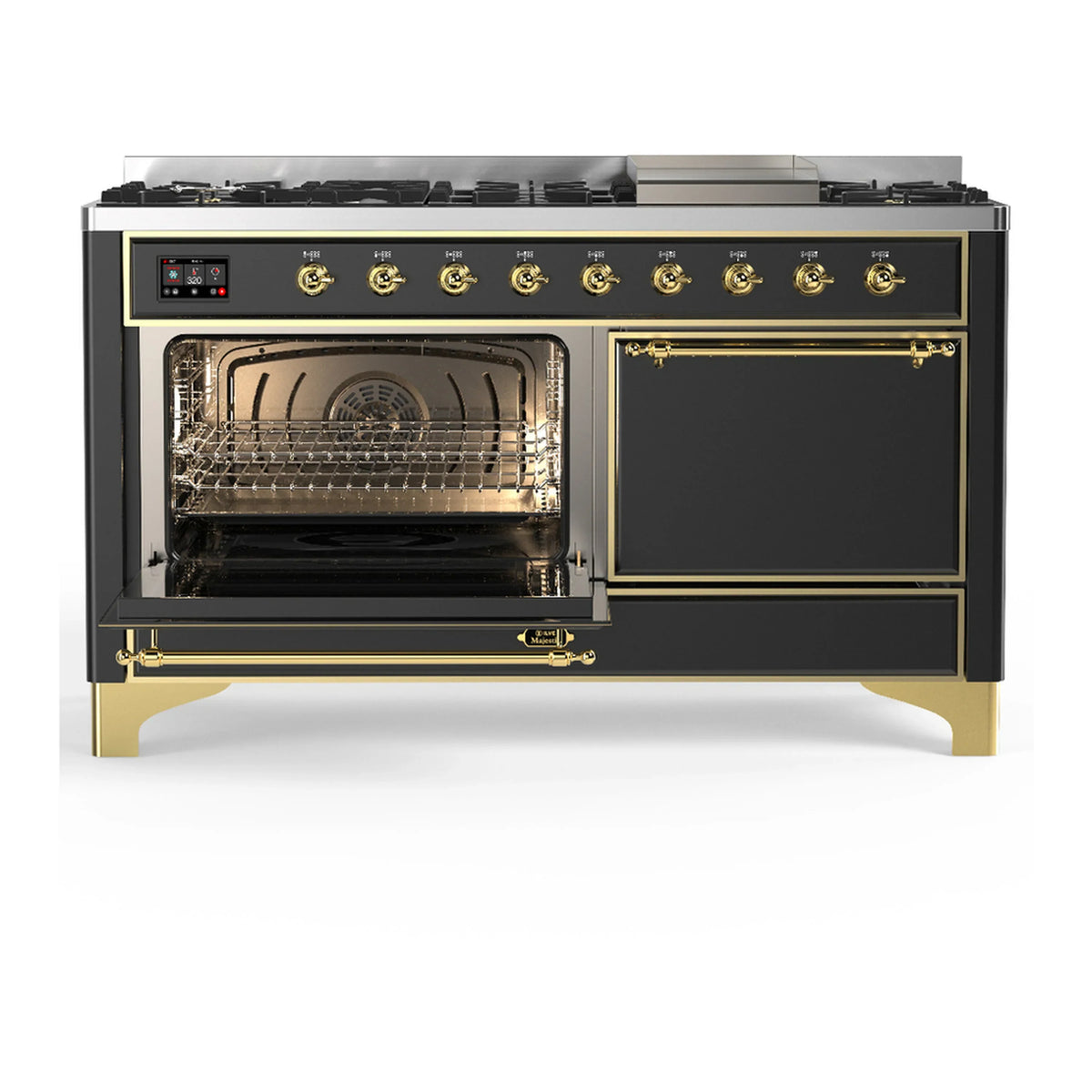 ILVE Majestic III 60-inch Dual Fuel Range with 5 Liquid Propane Burner, Griddle and Solid Door Electric Oven in Graphite Matte with Brass Trim (UM60FQNR3MGGLP)