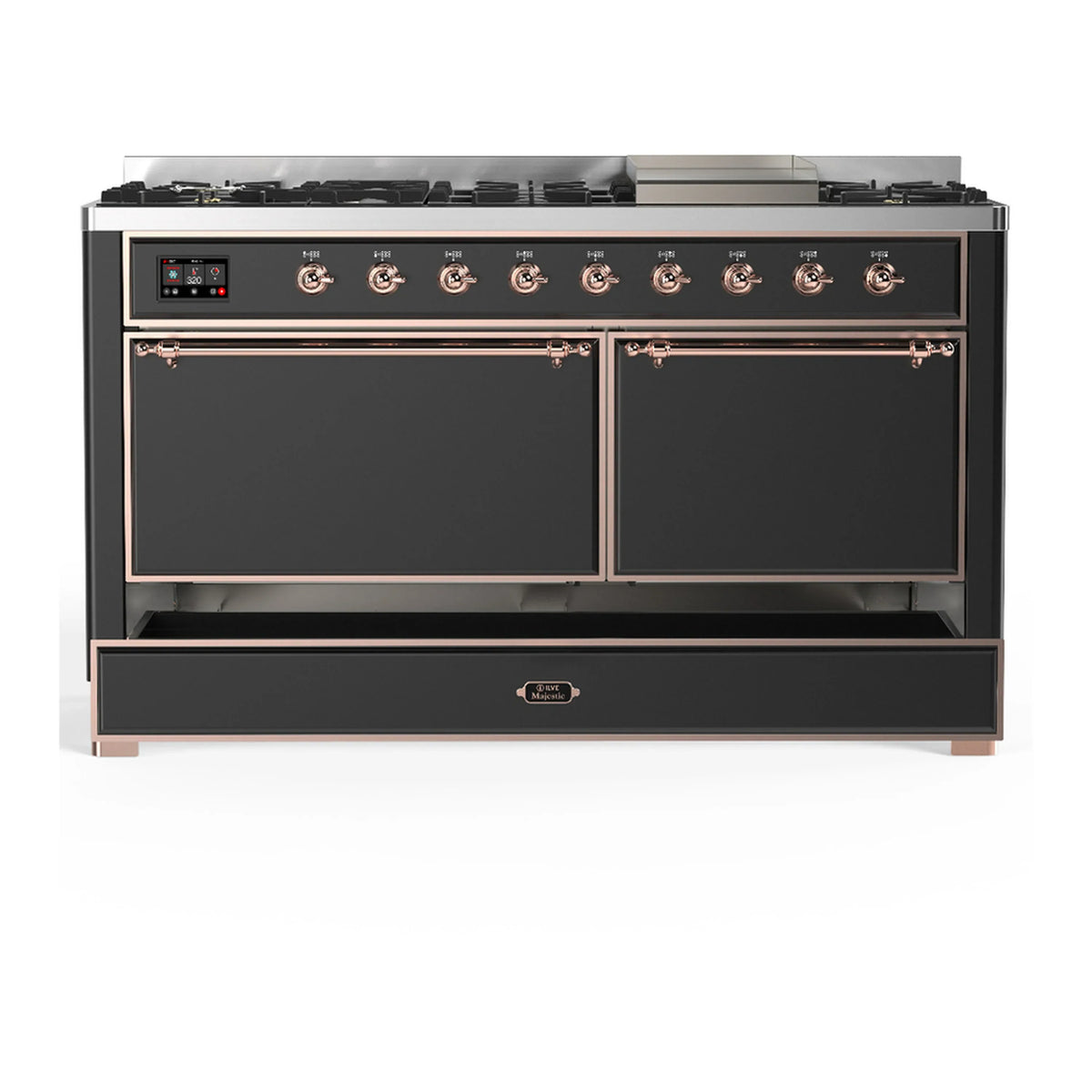 ILVE Majestic III 60-inch Dual Fuel Range with 7 Natural Gas Burner, Griddle and Solid Door Electric Oven in Graphite Matte with Copper Trim (UM60FQNR3MGP)