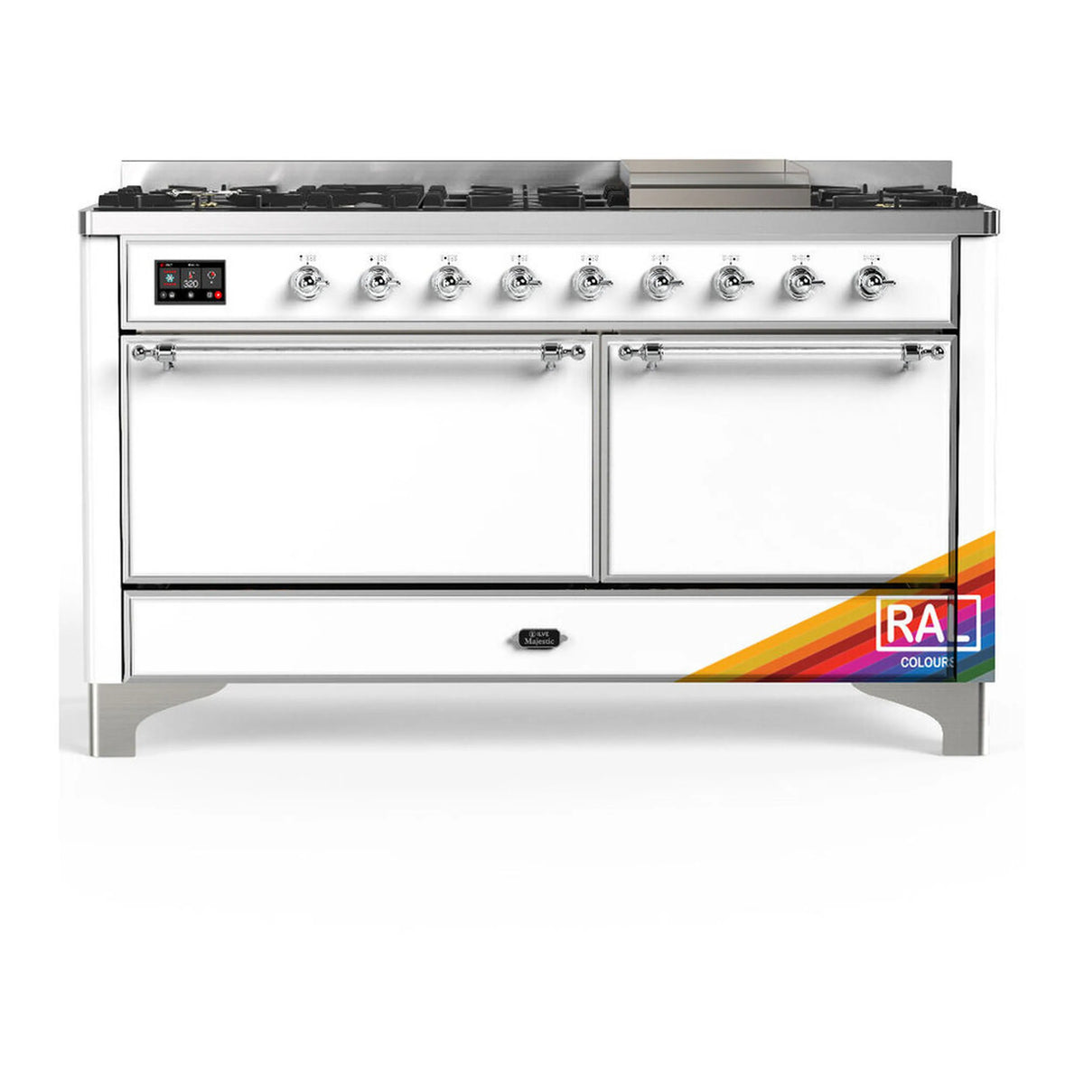 ILVE Majestic III 60-Inch NG Dual Fuel Range, 7 Burners, Griddle, Solid Door Oven, RAL with Chrome Trim (UM60FQNR3RAC)