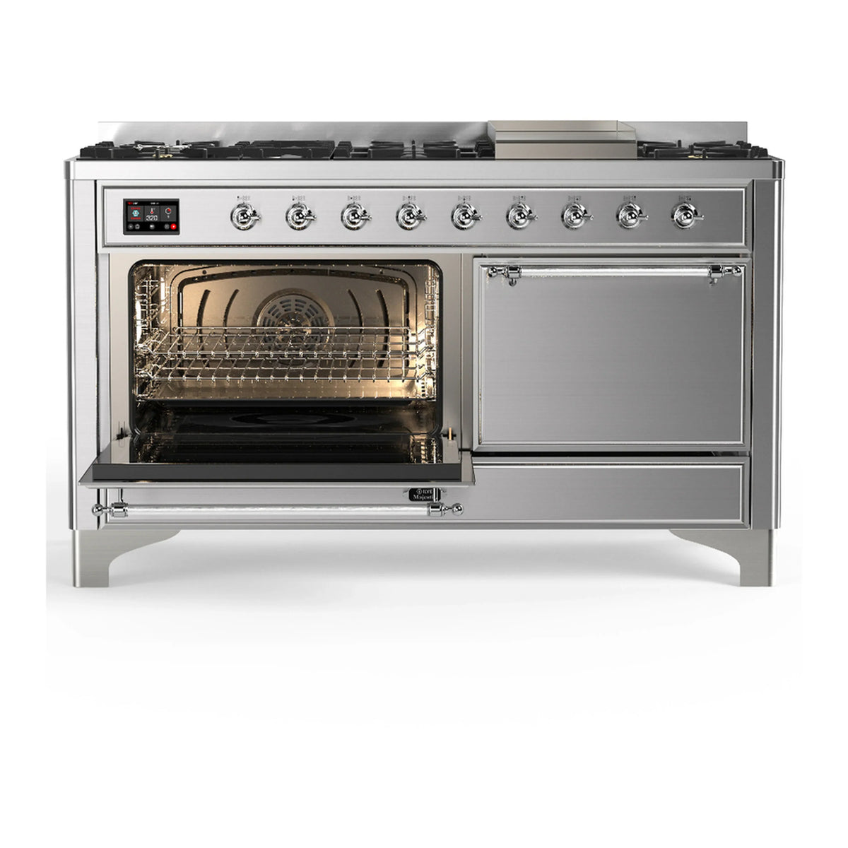 ILVE Majestic III 60-inch Dual Fuel Range with 7 Natural Gas Burner, Griddle and Solid Door Electric Oven in Stainless Steel with Chrome Trim (UM60FQNR3SSC)