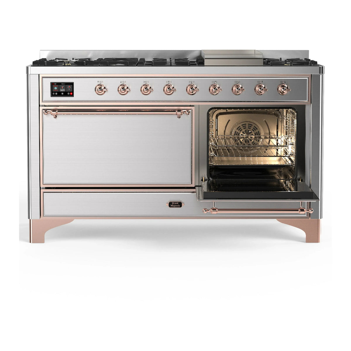 ILVE Majestic III 60-inch Dual Fuel Range with 5 Liquid Propane Burner, Griddle and Solid Door Electric Oven in Stainless Steel with Copper Trim (UM60FQNR3SSPLP)