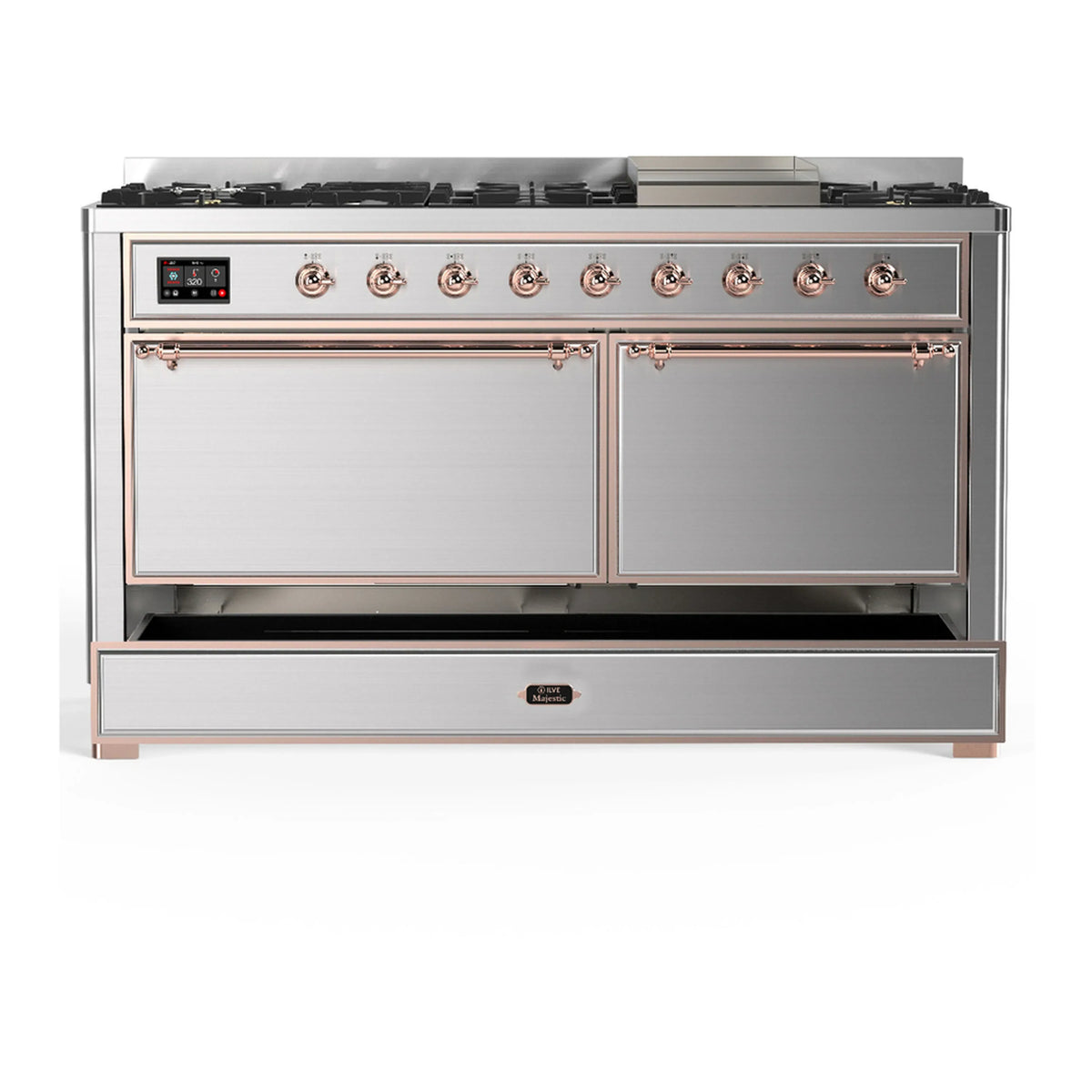 ILVE Majestic III 60-inch Dual Fuel Range with 5 Liquid Propane Burner, Griddle and Solid Door Electric Oven in Stainless Steel with Copper Trim (UM60FQNR3SSPLP)