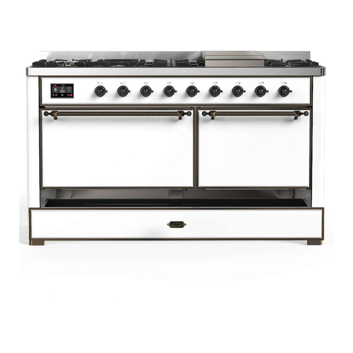 ILVE Majestic III 60-inch Dual Fuel Range with 7 Natural Gas Burner, Griddle and Solid Door Electric Oven in White with Burnished Trim (UM60FQNR3WHB)
