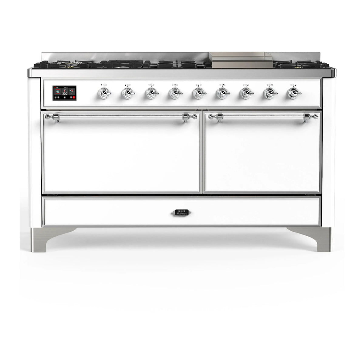 ILVE Majestic III 60-Inch LP Dual Fuel Range, 5 Burners, Griddle, Solid Door Oven, White with Chrome Trim (UM60FQNR3WHCLP)