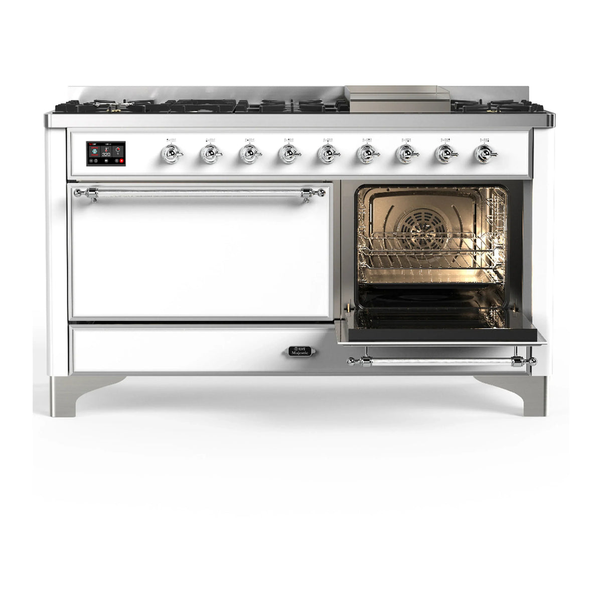 ILVE Majestic III 60-inch Dual Fuel Range with 7 Natural Gas Burner, Griddle and Solid Door Electric Oven in White with Chrome Trim (UM60FQNR3WHC)
