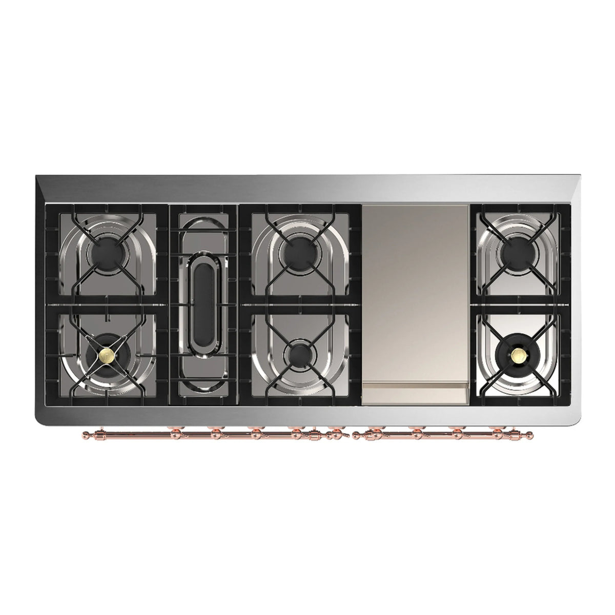 ILVE Majestic III 60-inch Dual Fuel Range with 7 Natural Gas Burner, Griddle and Solid Door Electric Oven in White with Copper Trim (UM60FQNR3WHP)