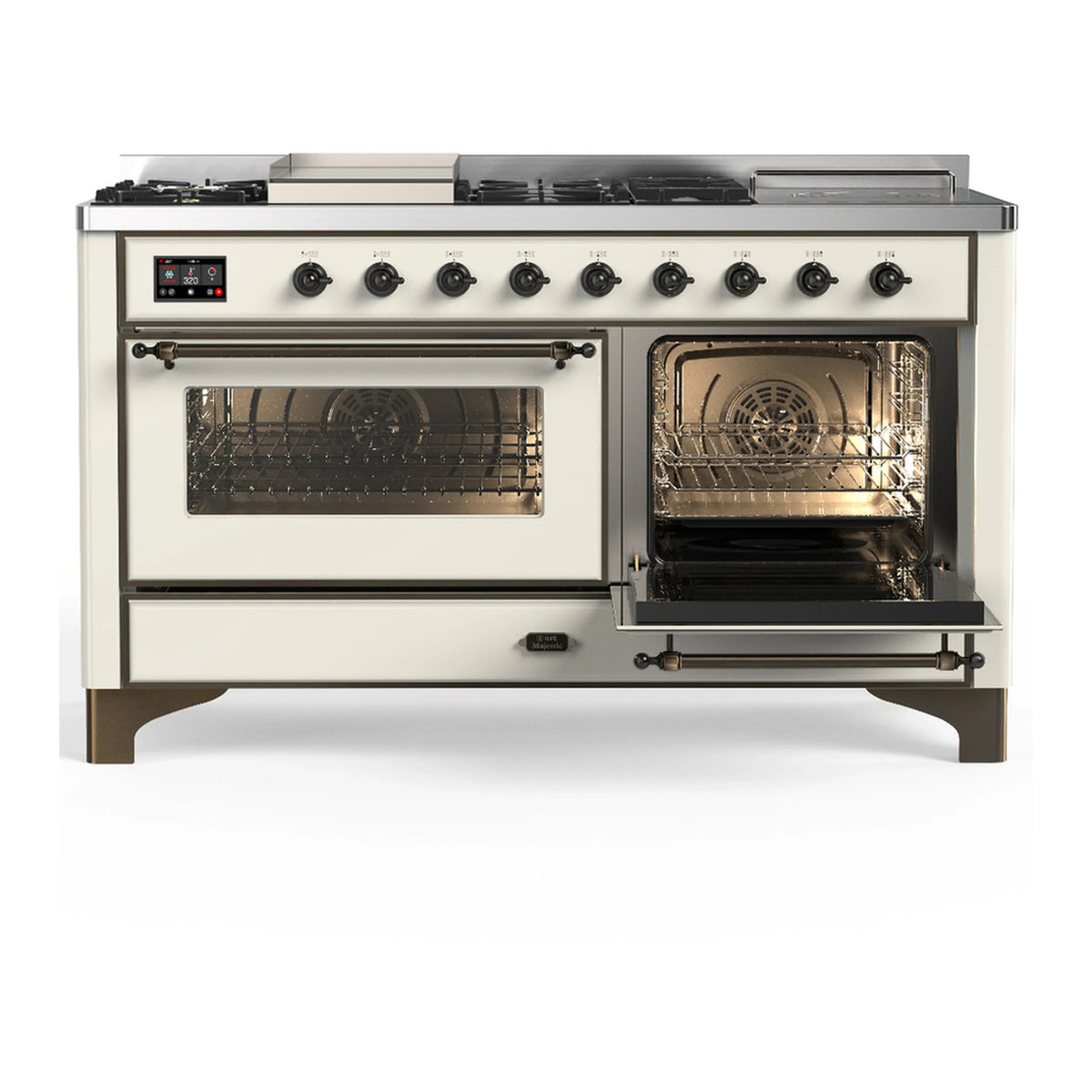 ILVE Majestic III 60-inch Dual Fuel Range with 5 Liquid Propane Burner, Griddle, French Top and Triple Glass Door Electric Oven in Antique White with Burnished Trim (UM60FSNR3AWBLP)
