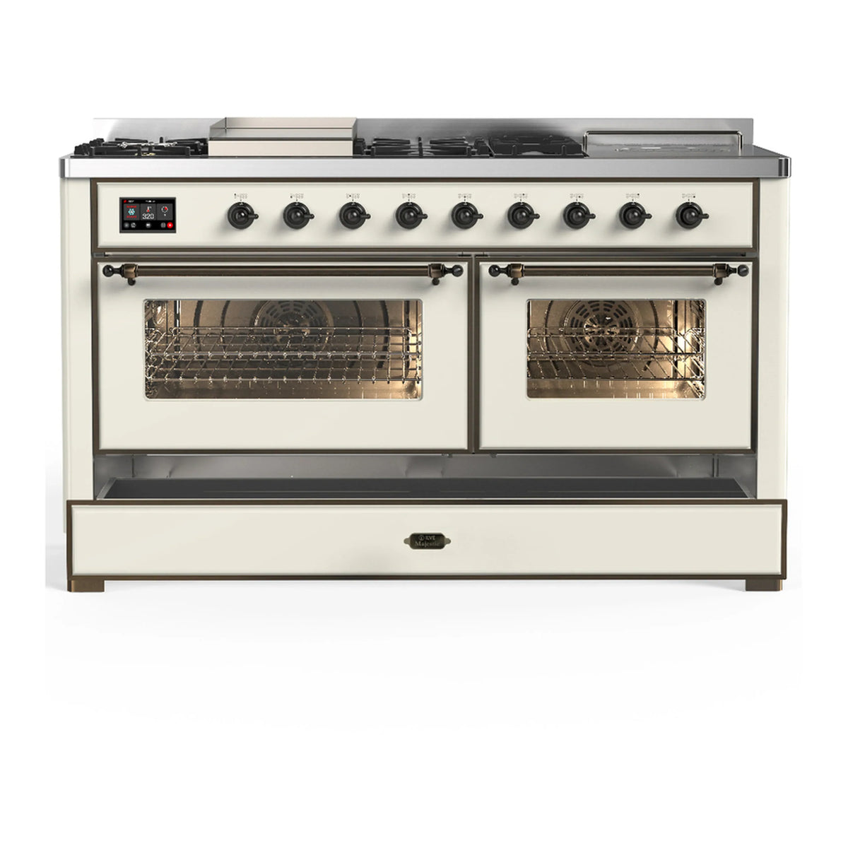 ILVE Majestic III 60-inch Dual Fuel Range with 7 Natural Gas Burner, Griddle, French Top and Triple Glass Door Electric Oven in Antique White with Burnished Trim (UM60FSNR3AWB)