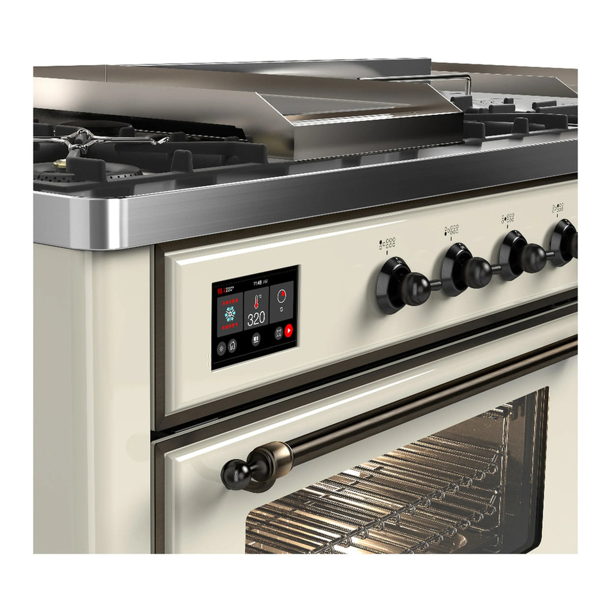 ILVE Majestic III 60-inch Dual Fuel Range with 7 Natural Gas Burner, Griddle, French Top and Triple Glass Door Electric Oven in Antique White with Burnished Trim (UM60FSNR3AWB)