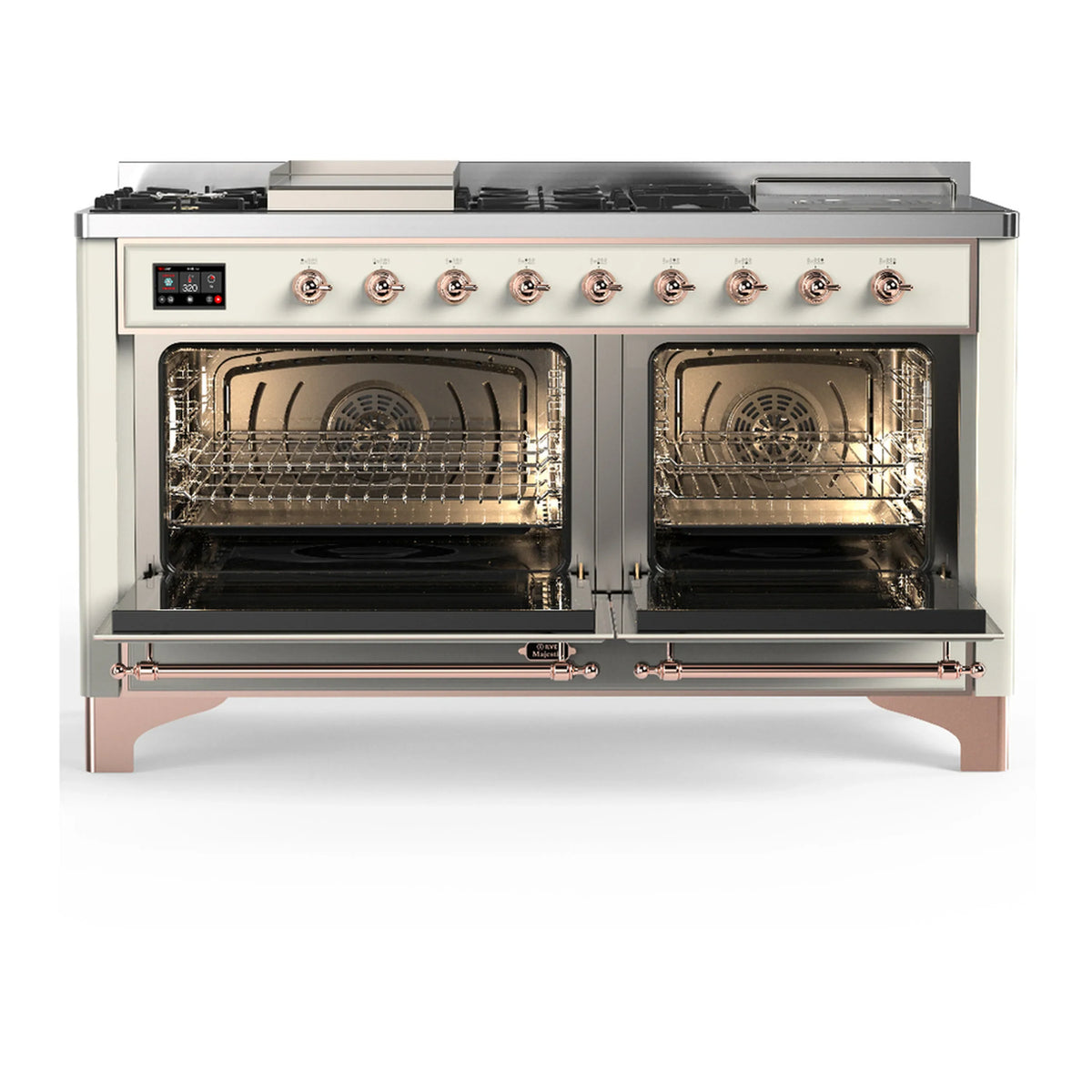 ILVE Majestic III 60-inch Dual Fuel Range with 5 Liquid Propane Burner, Griddle, French Top and Triple Glass Door Electric Oven in Antique White with Copper Trim (UM60FSNR3AWPLP)